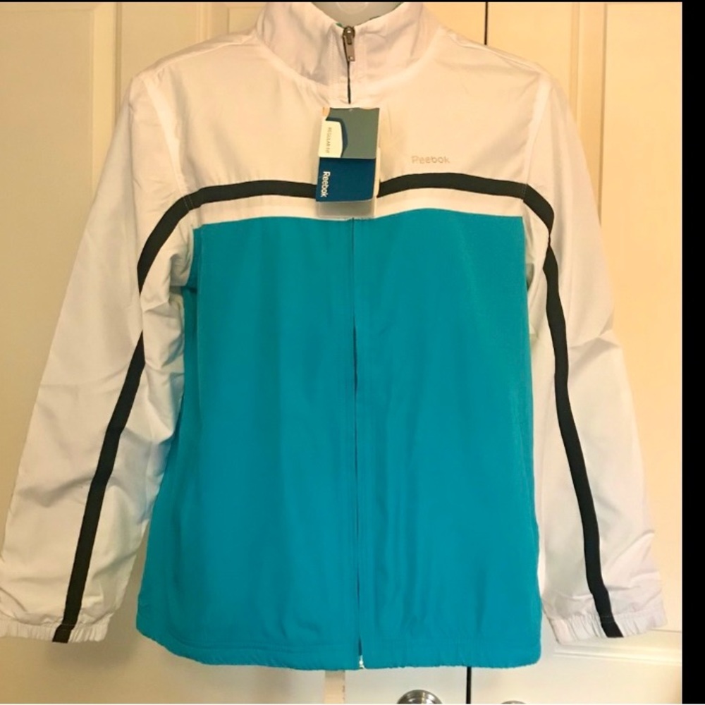 NWT Reebok Blue/White Athletic Zippered Jacket, Medium.